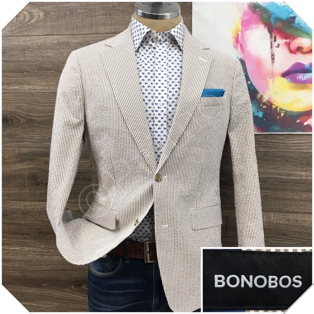 BONOBOS Mens Seersucker Blazer Sport Coat Casual Jacket Size 38R Slim Fit Suit